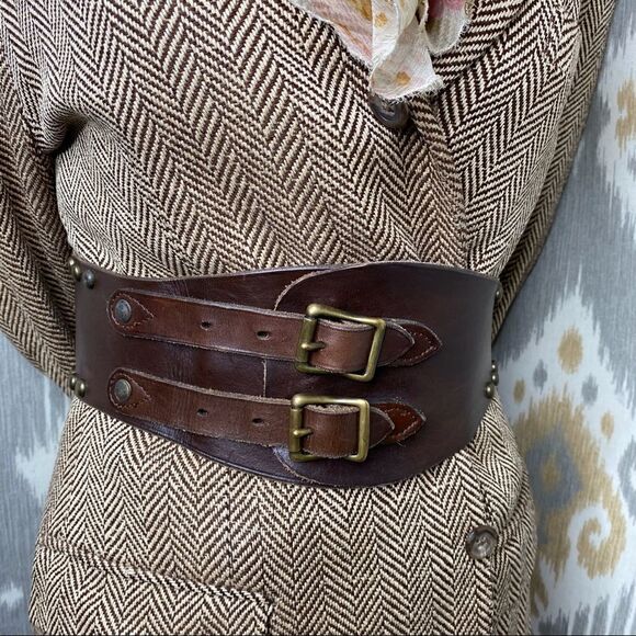 RRL * Distressed Brown Vachetta Leather Playing Card Brass Stud Kidney Belt - Picture 6 of 16